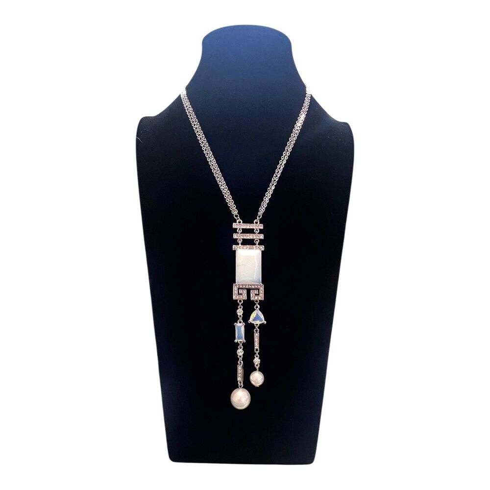 Elegant 3 Strand Art Deco Style Opalescent Silvertone Faux Opal & Pearl Necklace